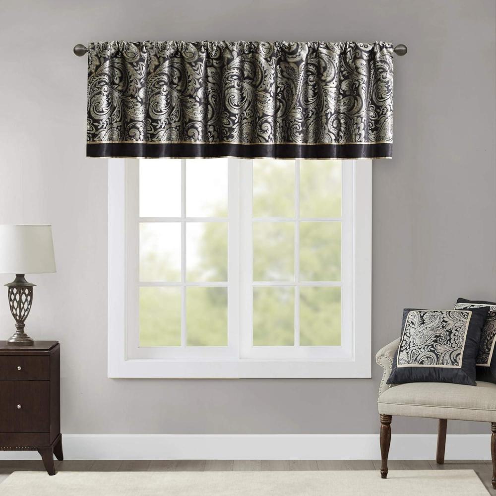 imageMadison Park Faux Silk Paisley Jacquard Rod Pocket Curtain with Privacy Lining for Living Room Kitchen Bedroom and Dorm 50 in x 18 in Black Bead TrimBlack Valance