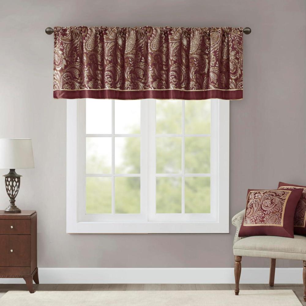 imageMadison Park Faux Silk Paisley Jacquard Rod Pocket Curtain with Privacy Lining for Living Room Kitchen Bedroom and Dorm 50 in x 18 in Black Bead TrimBurgundy Valance