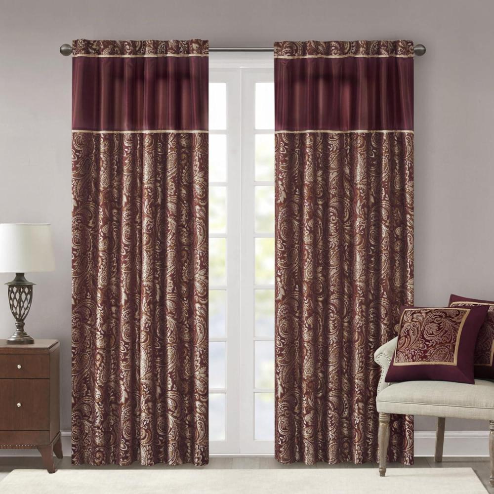 imageMadison Park Faux Silk Paisley Jacquard Rod Pocket Curtain with Privacy Lining for Living Room Kitchen Bedroom and Dorm 50 in x 18 in Black Bead TrimBurgundy Panel Pair