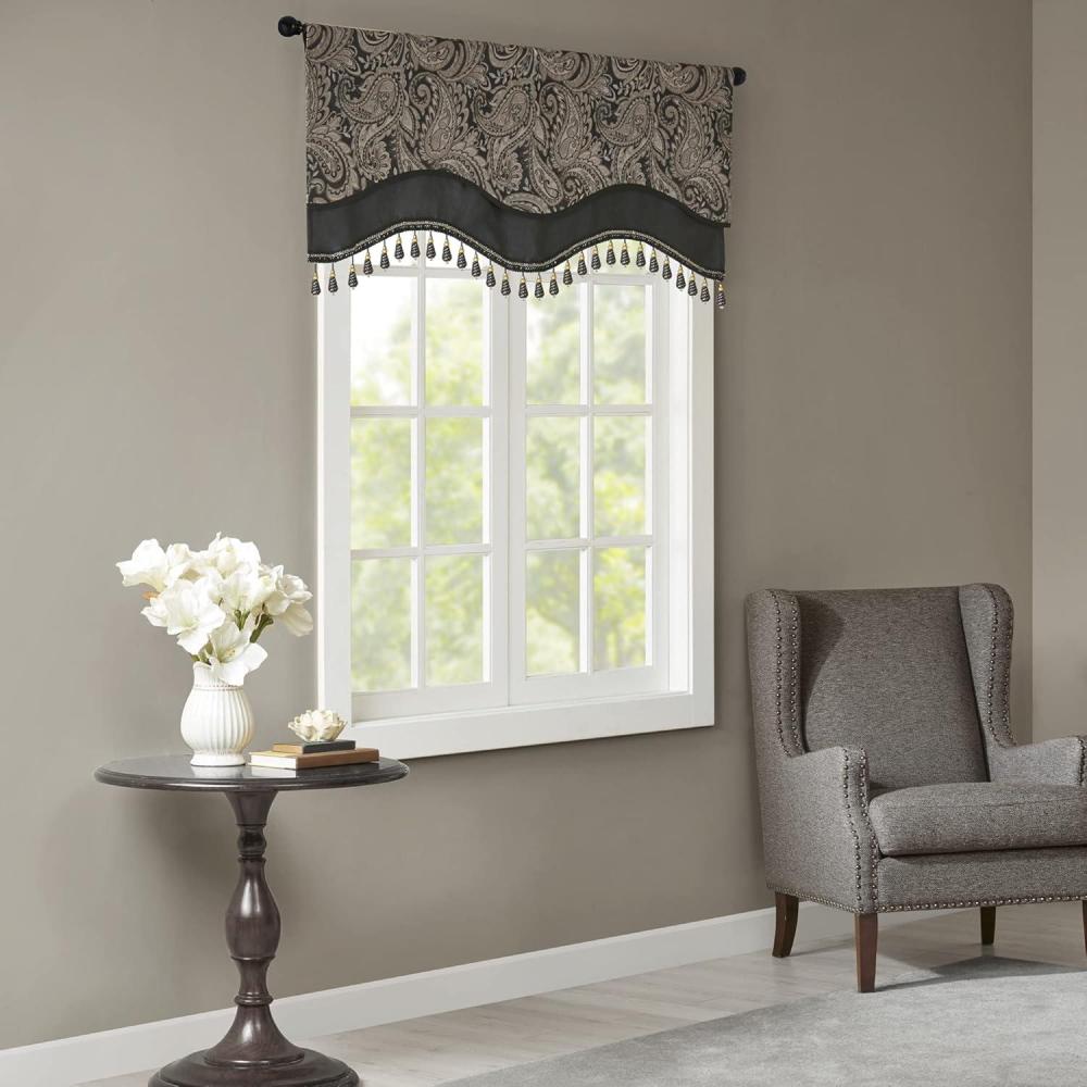 imageMadison Park Faux Silk Paisley Jacquard Rod Pocket Curtain with Privacy Lining for Living Room Kitchen Bedroom and Dorm 50 in x 18 in Black Bead TrimBlack Bead Trim Valance