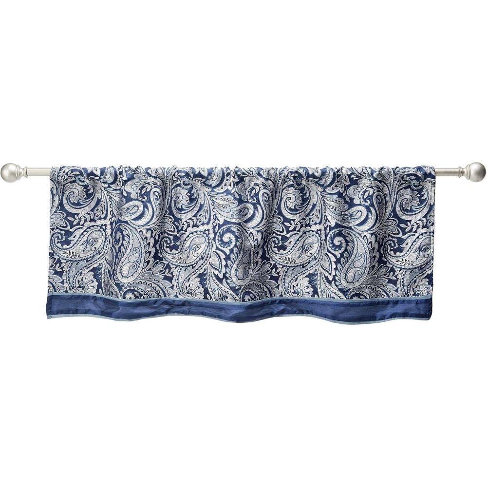 imageMadison Park Faux Silk Paisley Jacquard Rod Pocket Curtain with Privacy Lining for Living Room Kitchen Bedroom and Dorm 50 in x 18 in Black Bead TrimNavy Valance