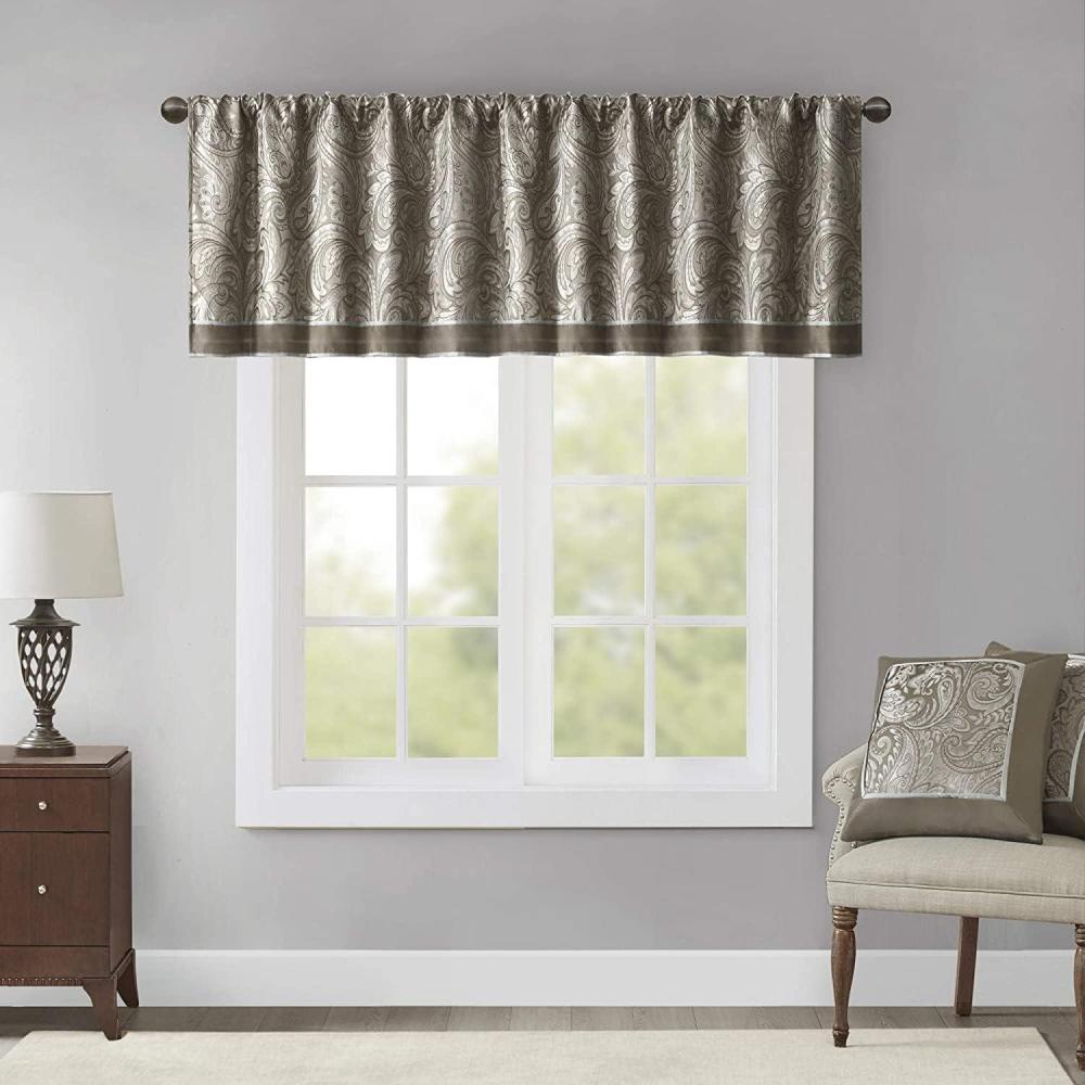 imageMadison Park Faux Silk Paisley Jacquard Rod Pocket Curtain with Privacy Lining for Living Room Kitchen Bedroom and Dorm 50 in x 18 in Black Bead TrimTaupe Valance