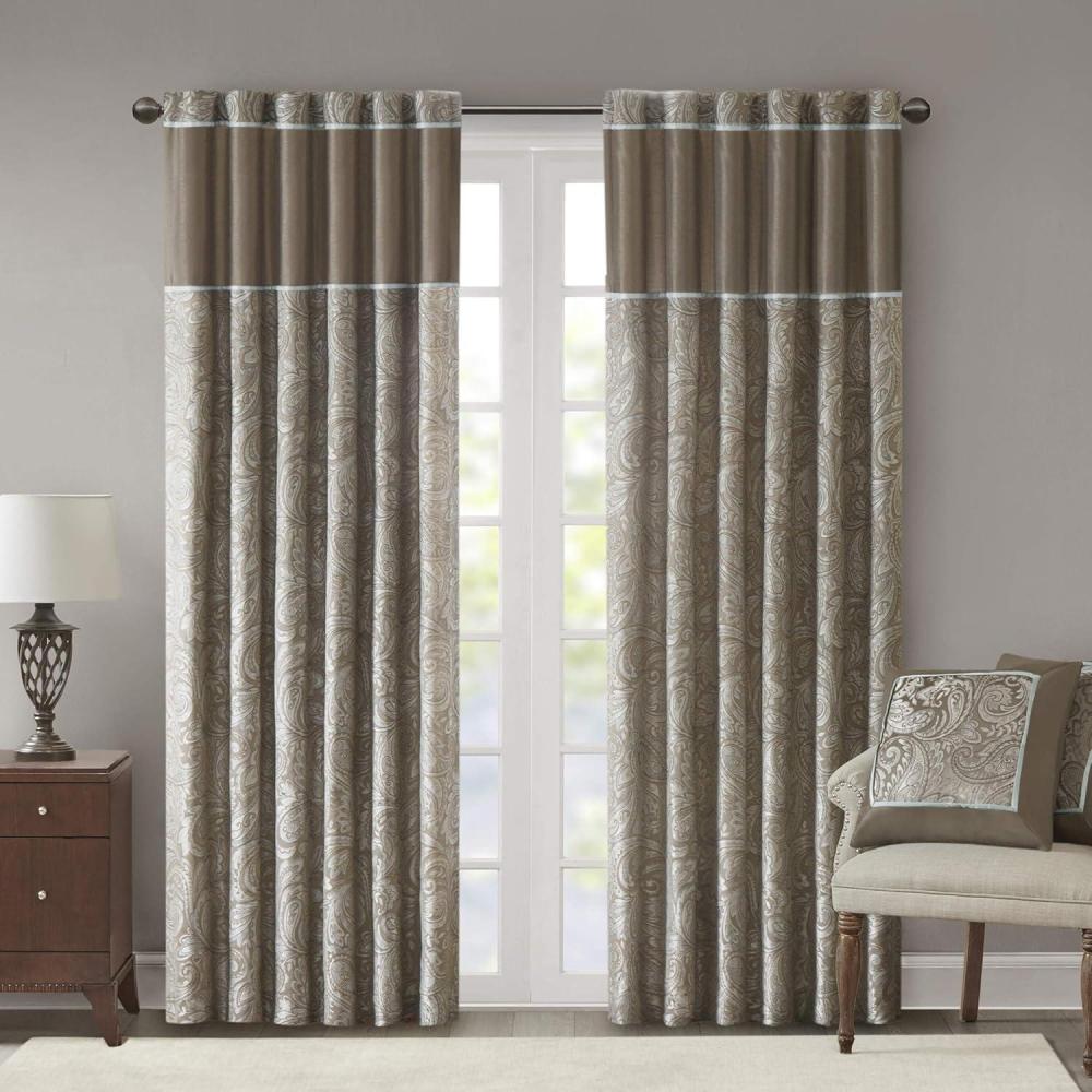 imageMadison Park Faux Silk Paisley Jacquard Rod Pocket Curtain with Privacy Lining for Living Room Kitchen Bedroom and Dorm 50 in x 18 in Black Bead TrimTaupe Panel Pair