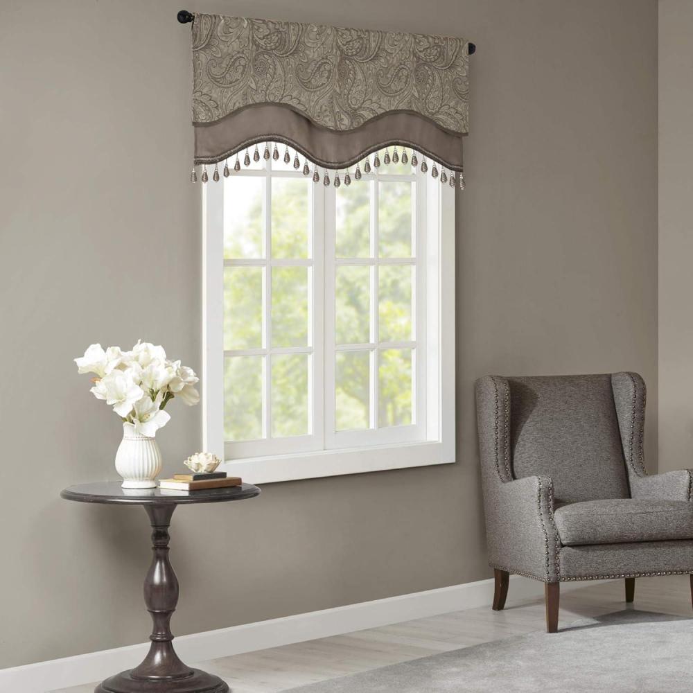 imageMadison Park Faux Silk Paisley Jacquard Rod Pocket Curtain with Privacy Lining for Living Room Kitchen Bedroom and Dorm 50 in x 18 in Black Bead TrimTaupe Bead Trim Valance