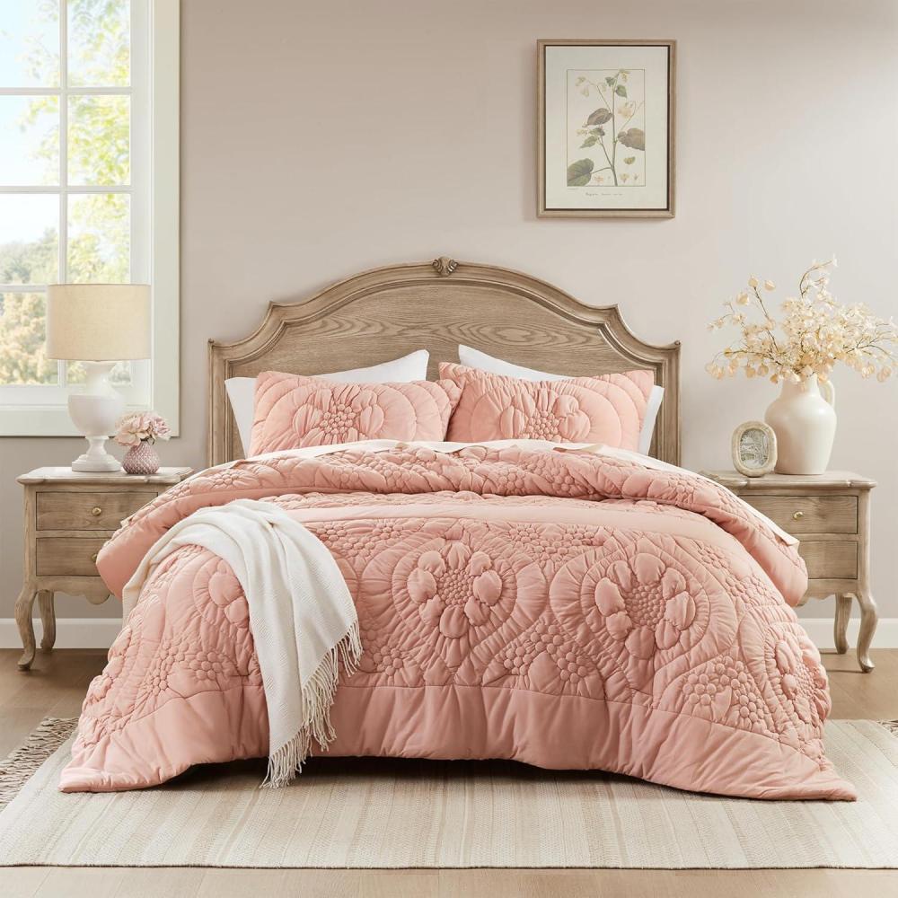 imageMadison Park Floral Jersey Comforter Set Puffy Cloud Queen Size Comforters Crinkled Farmhouse Rustic Shabby Chic Bedding Set UltraSoft All Season Down Alternative Sage Green 3PiecePink