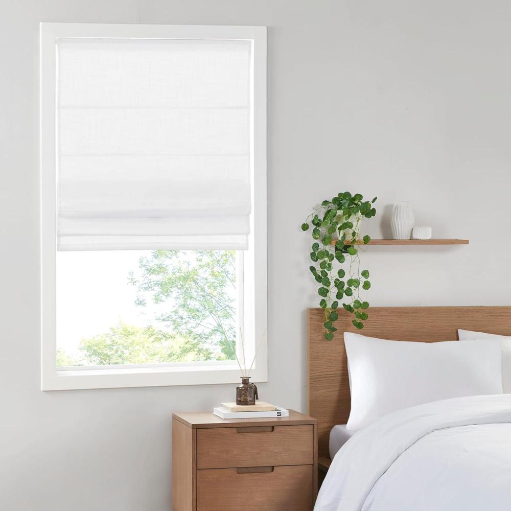 imageMadison Park Galen Matte White Cordless Roman Shades Fabric Privacy Single Panel Darkening Energy Efficient Thermal Insulated Window Blind Treatment for Home Living Room Decor 23quot W x 64quot HLinen Blend White