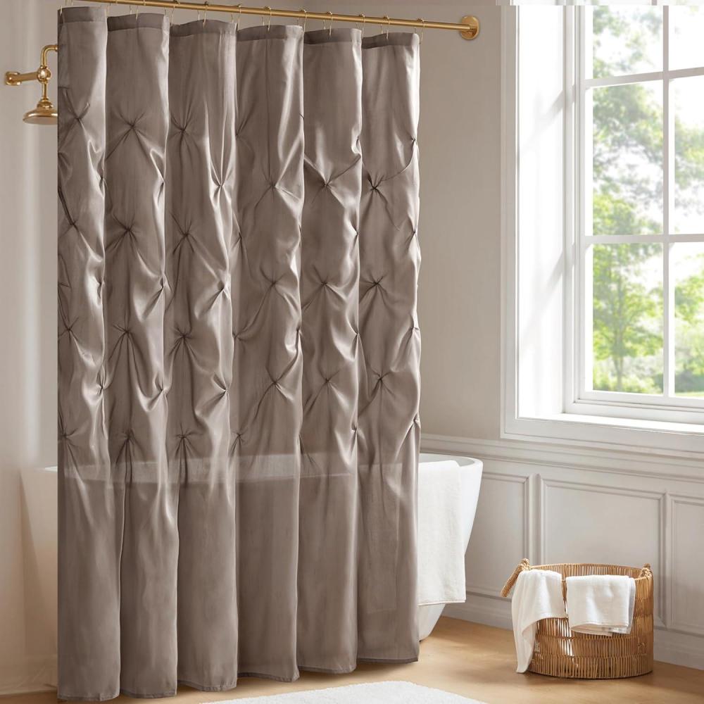 imageMadison Park Laurel SemiSheer Black Shower Curtain  Lightweight Faux Silk Fabric 72x72 in Light Filtering Modern Style Bathroom Curtain Textured Tufting Detail Modern MidCentury Bathroom DecorTaupe