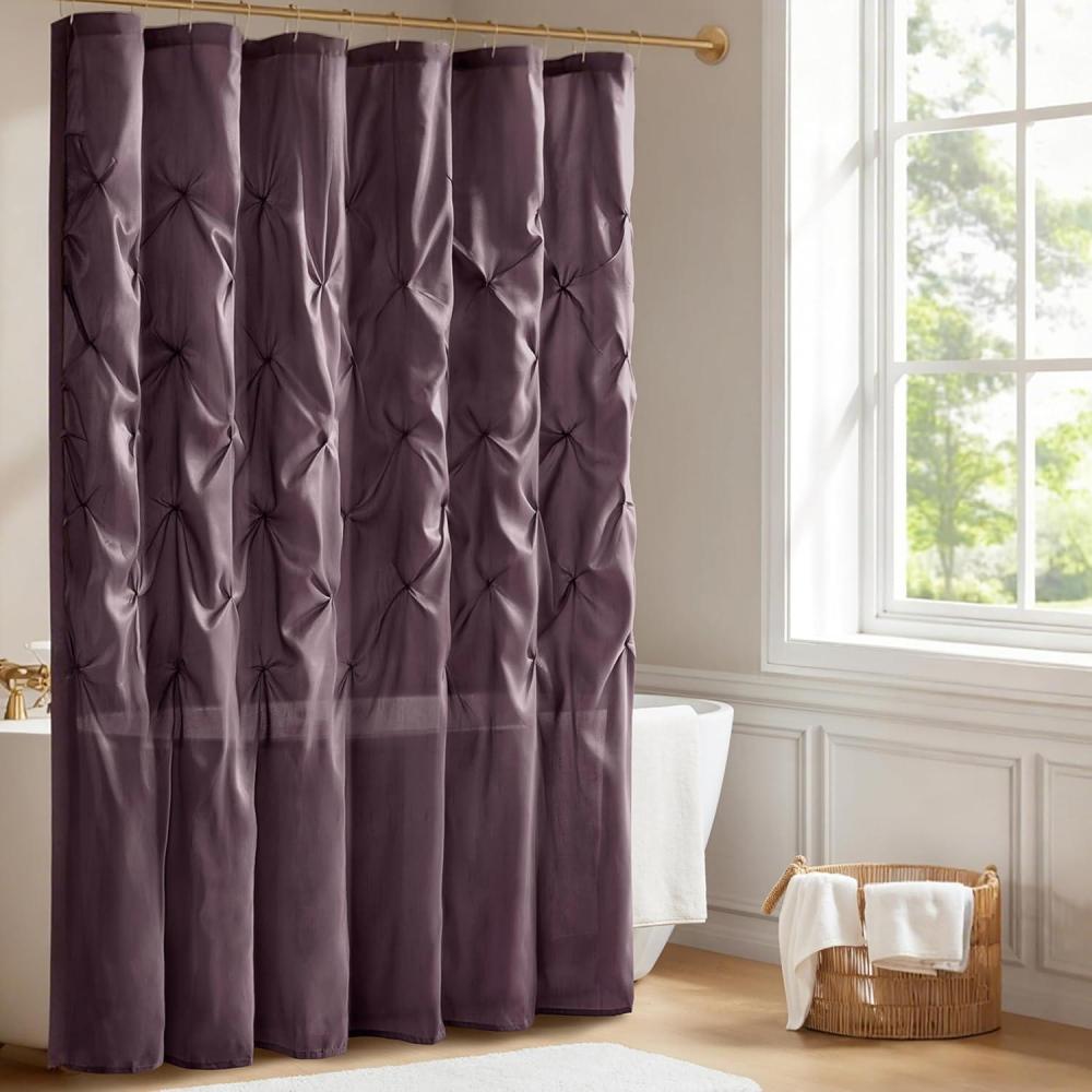 imageMadison Park Laurel SemiSheer Black Shower Curtain  Lightweight Faux Silk Fabric 72x72 in Light Filtering Modern Style Bathroom Curtain Textured Tufting Detail Modern MidCentury Bathroom DecorPlum Violet