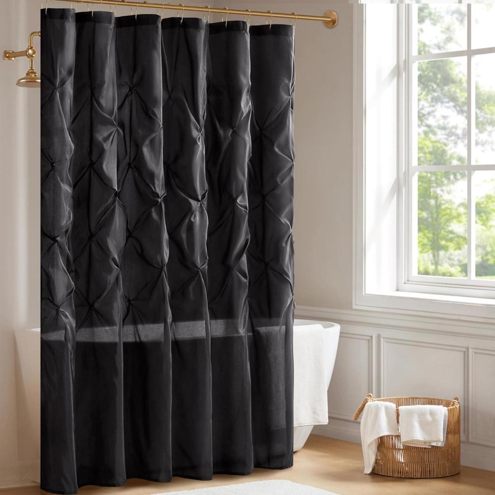 imageMadison Park Laurel SemiSheer Black Shower Curtain  Lightweight Faux Silk Fabric 72x72 in Light Filtering Modern Style Bathroom Curtain Textured Tufting Detail Modern MidCentury Bathroom DecorBlack