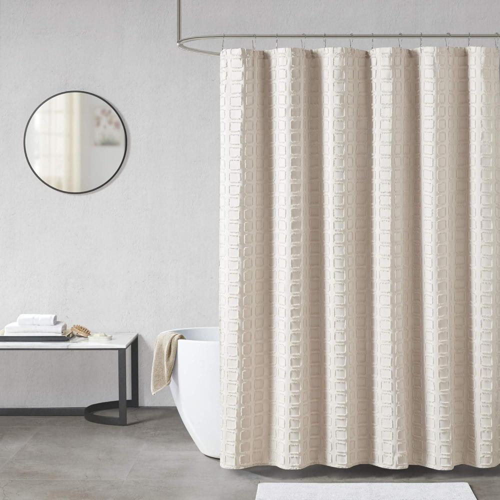 imageMadison Park Metro Bathroom Shower Textured Woven Clipped Design Modern MidCentury Privacy Bath Fabric Curtains 72quotx72quot SandSand