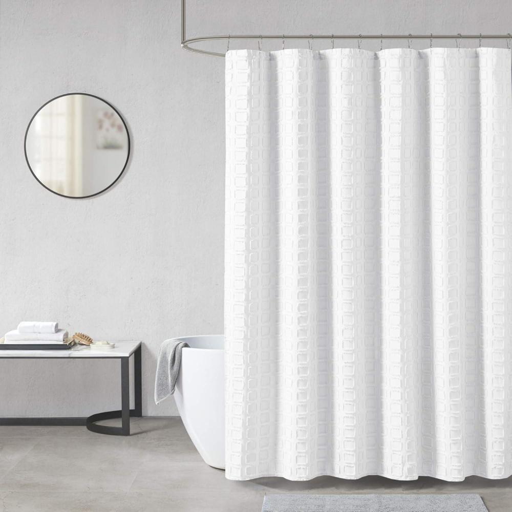 imageMadison Park Metro Bathroom Shower Textured Woven Clipped Design Modern MidCentury Privacy Bath Fabric Curtains 72quotx72quot SandWhite