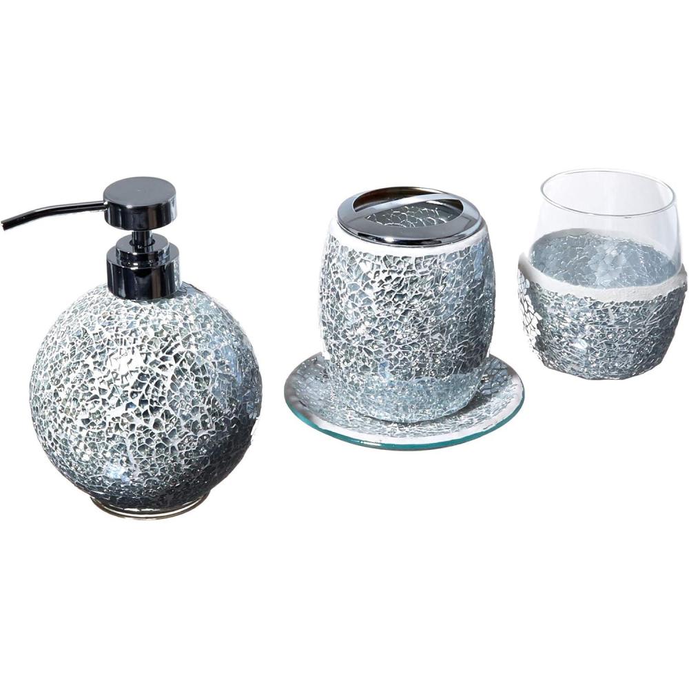imageMadison Park Mosaic Bathroom Accessories Set 4 Piece Bath Accessory Sets With Gold Soap Dispenser Toothbrush Holder Tumbler And Ring TraySilver 4 Piece