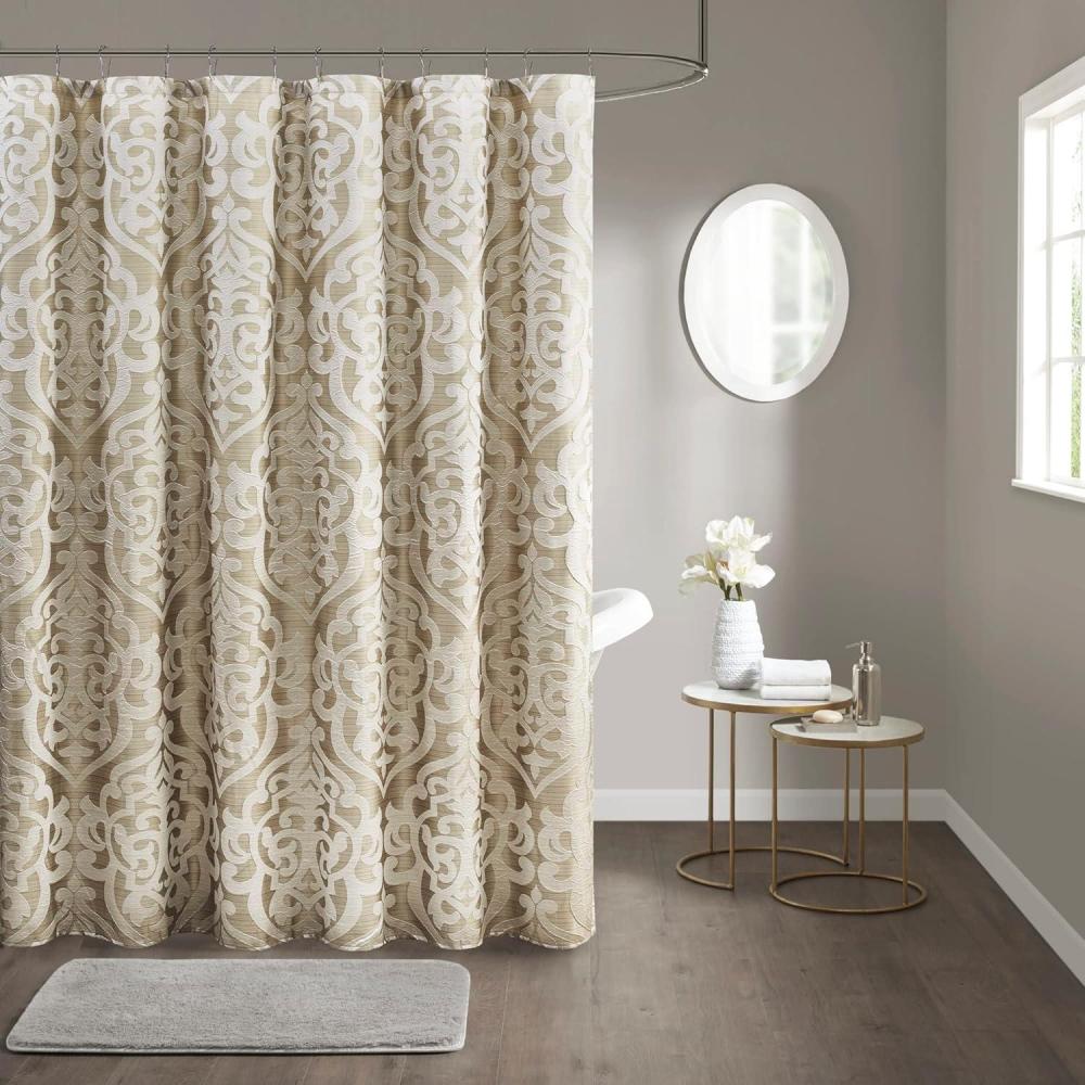 imageMadison Park Odette Fabric Shower Curtain Luxe Textured Jacquard Damask Medallion Machine Washable Modern Home Bathroom Decor Bathtub Privacy Screen 72quot x 72quot SilverTanIvory