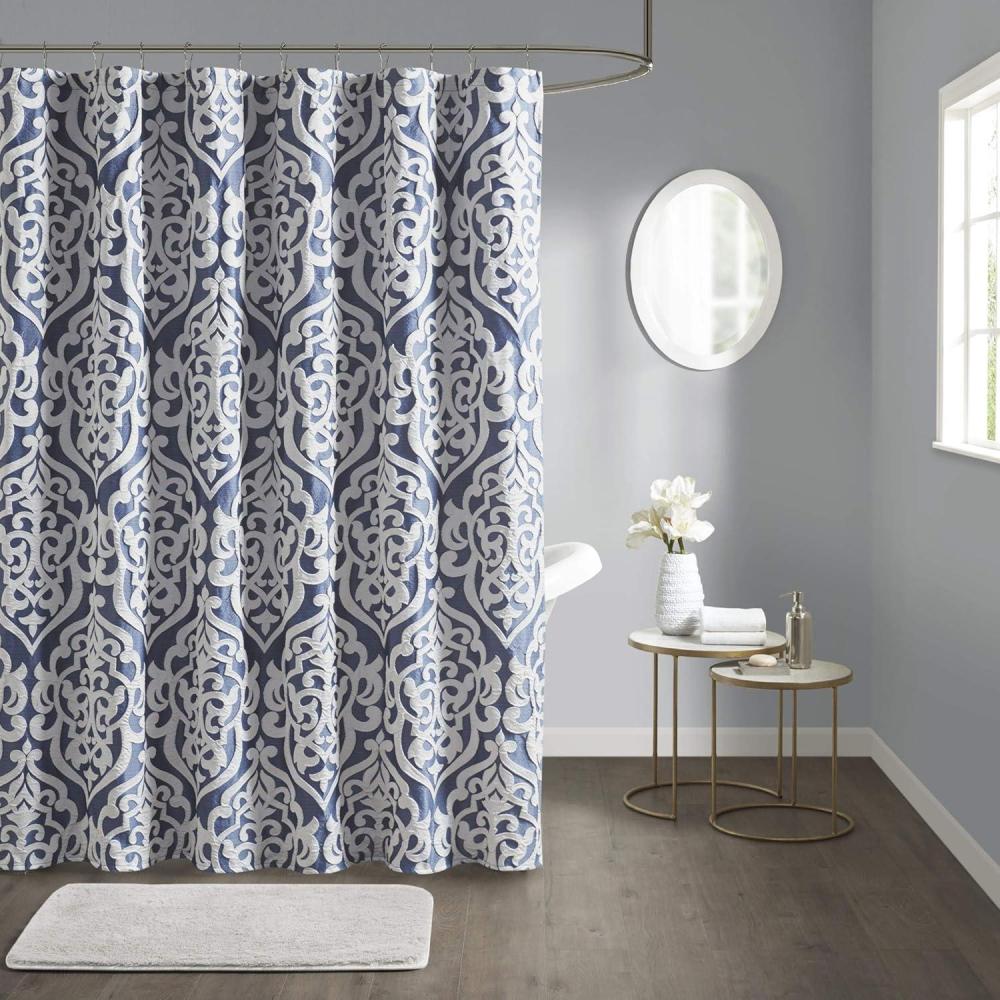 imageMadison Park Odette Fabric Shower Curtain Luxe Textured Jacquard Damask Medallion Machine Washable Modern Home Bathroom Decor Bathtub Privacy Screen 72quot x 72quot SilverNavySilver