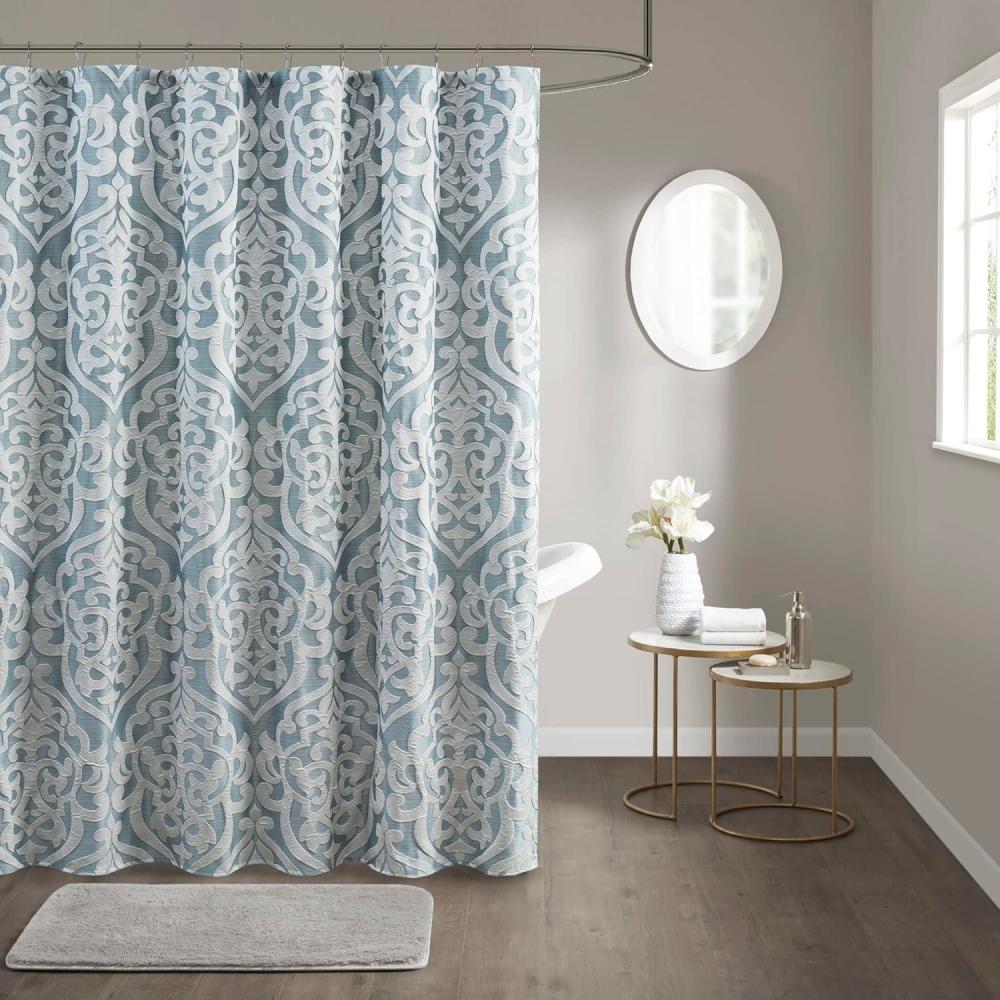 imageMadison Park Odette Fabric Shower Curtain Luxe Textured Jacquard Damask Medallion Machine Washable Modern Home Bathroom Decor Bathtub Privacy Screen 72quot x 72quot SilverAquaSilver
