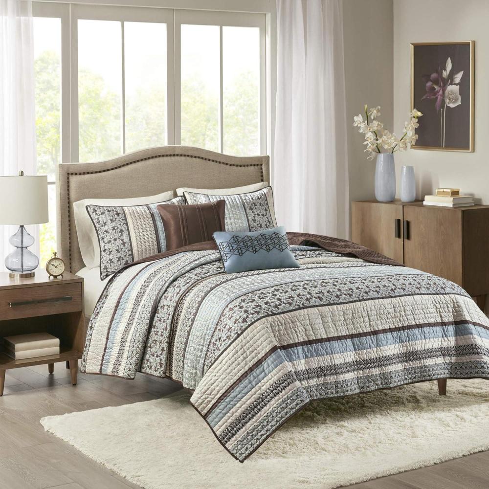 imageMadison Park Quilt Traditional Damask Design All Season Lightweight Coverlet Bedspread Bedding Set Matching Shams Pillows 104quotx94quot Bellagio Jacquard Grey 6 PieceFloral Blue
