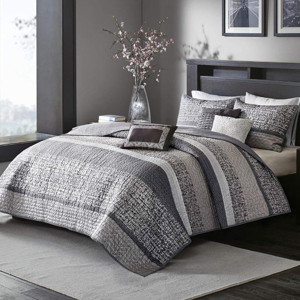 imageMadison Park Quilt Traditional Damask Design All Season Lightweight Coverlet Bedspread Bedding Set Matching Shams Pillows 104quotx94quot Bellagio Jacquard Grey 6 PieceChevron GreyTaupe