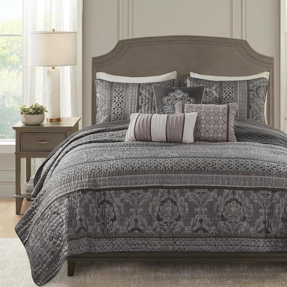 imageMadison Park Quilt Traditional Damask Design All Season Lightweight Coverlet Bedspread Bedding Set Matching Shams Pillows 104quotx94quot Bellagio Jacquard Grey 6 PieceGrey