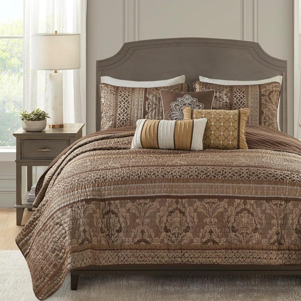 imageMadison Park Quilt Traditional Damask Design All Season Lightweight Coverlet Bedspread Bedding Set Matching Shams Pillows 104quotx94quot Bellagio Jacquard Grey 6 PieceBrownGold