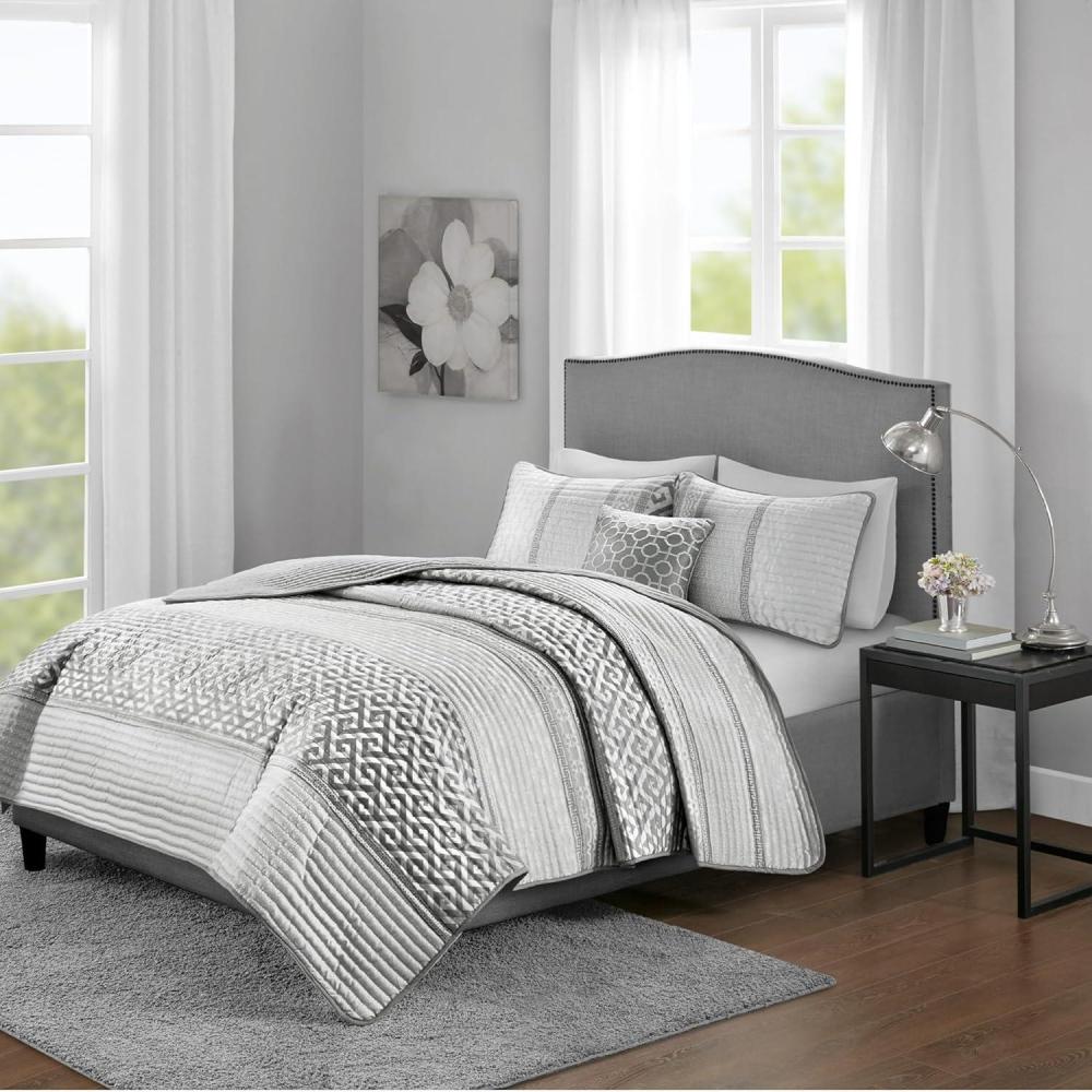 imageMadison Park Quilt Traditional Damask Design All Season Lightweight Coverlet Bedspread Bedding Set Matching Shams Pillows 104quotx94quot Bellagio Jacquard Grey 6 PieceGeometric Grey