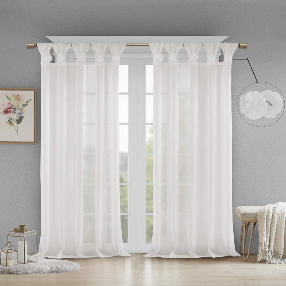 imageMadison Park Rosette Floral Embellished Cuff Tab Top Solid Window Treatments Single Curtain Panel Drape for Bedroom Living Room and Dorm 50quotx84quot WhiteWhite