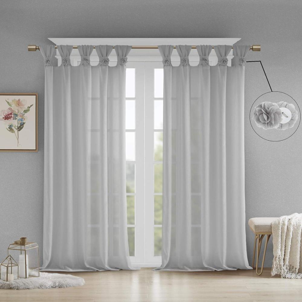 imageMadison Park Rosette Floral Embellished Cuff Tab Top Solid Window Treatments Single Curtain Panel Drape for Bedroom Living Room and Dorm 50quotx84quot WhiteGrey