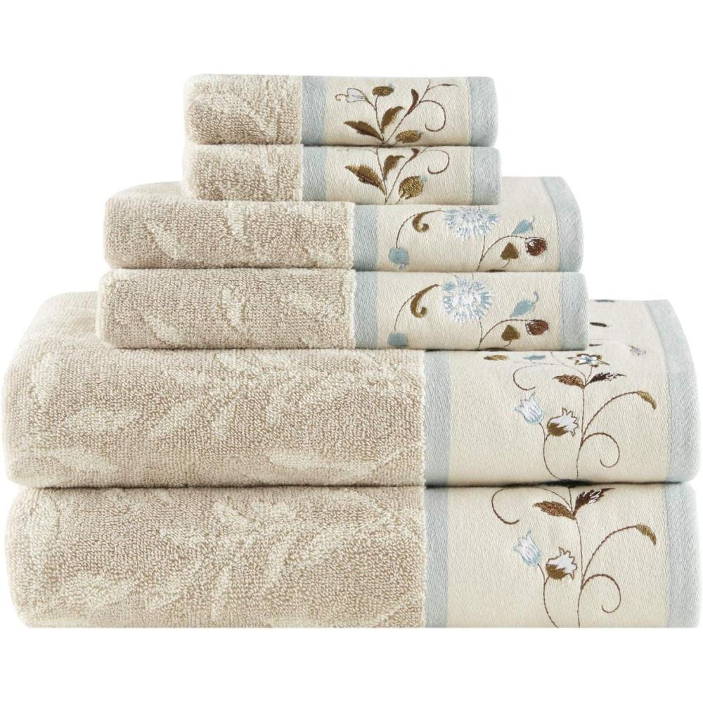 imageMadison Park Serene 100 Cotton Bath Towel Set Luxurious Floral Decorative Towels for Bathroom Embroidered Cotton Jacquard Design Soft Highly Absorbent for Shower 600 GSM MultiSizes Green 6 PieceCream  Blue
