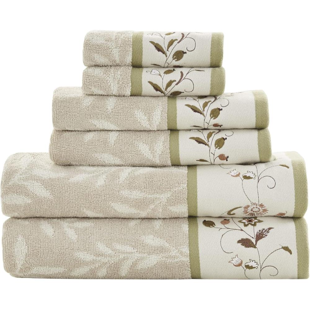 imageMadison Park Serene 100 Cotton Bath Towel Set Luxurious Floral Decorative Towels for Bathroom Embroidered Cotton Jacquard Design Soft Highly Absorbent for Shower 600 GSM MultiSizes Green 6 PieceGreen