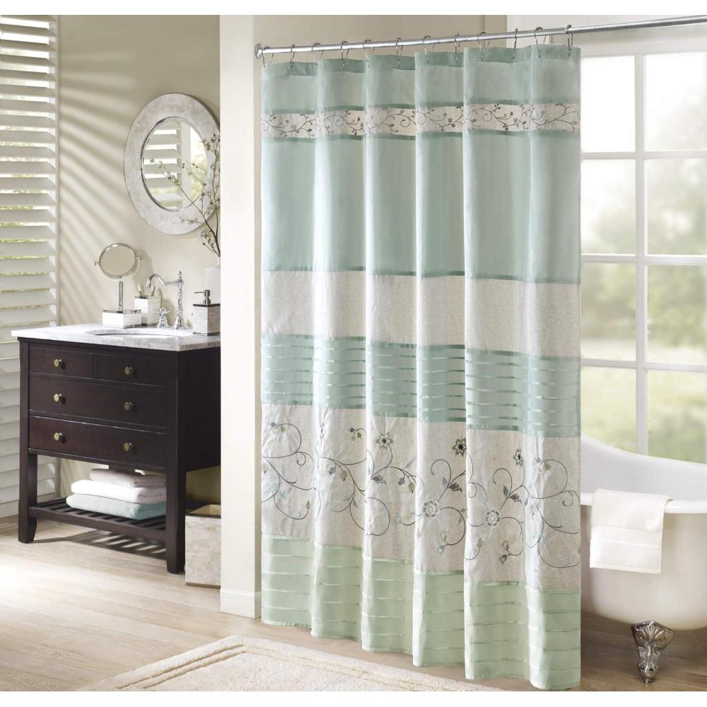 imageMadison Park Serene Flora Fabric Shower Curtain mbroidered Transitional Shower Curtains for Bathroom 72quot x 72quot RedAqua
