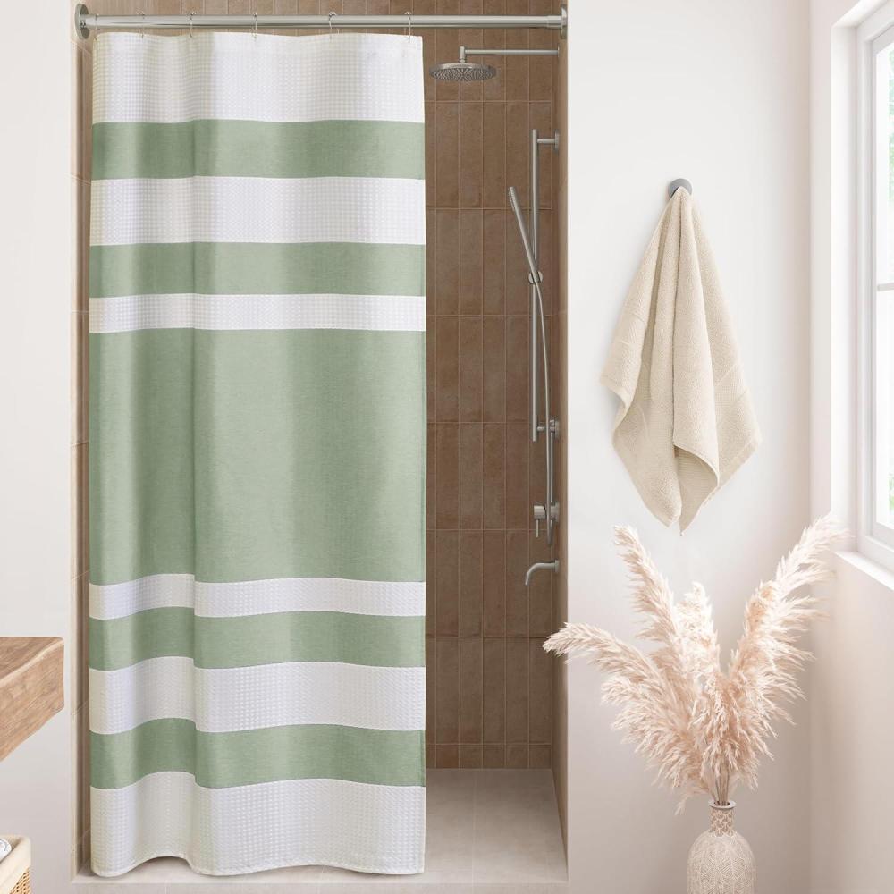 imageMadison Park Shower Curtain Spa Waffle Weave Stall Shower Curtain for Bathroom 3M Scotchgard Moisture Management Spa Quality Modern Shower Curtains for Bathroom Stall 36x72 TaupeStripe Sage Green