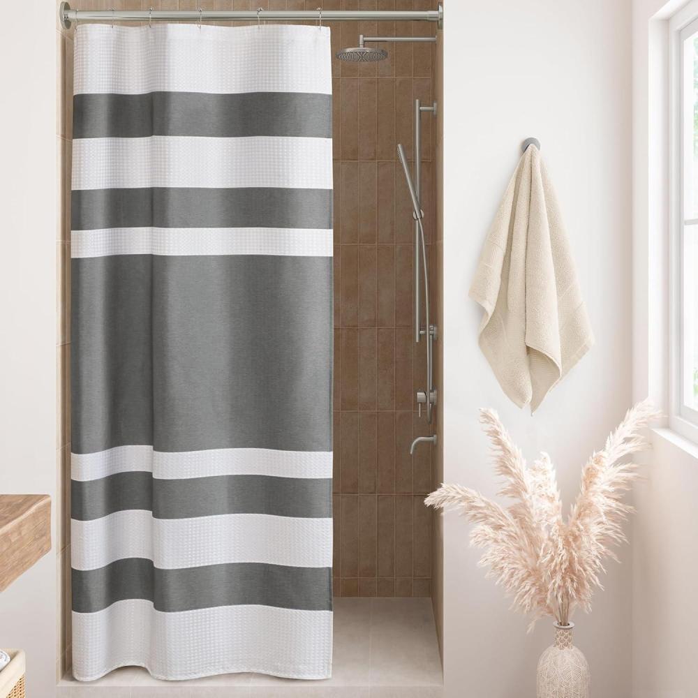 imageMadison Park Shower Curtain Spa Waffle Weave Stall Shower Curtain for Bathroom 3M Scotchgard Moisture Management Spa Quality Modern Shower Curtains for Bathroom Stall 36x72 TaupeStripe Charcoal
