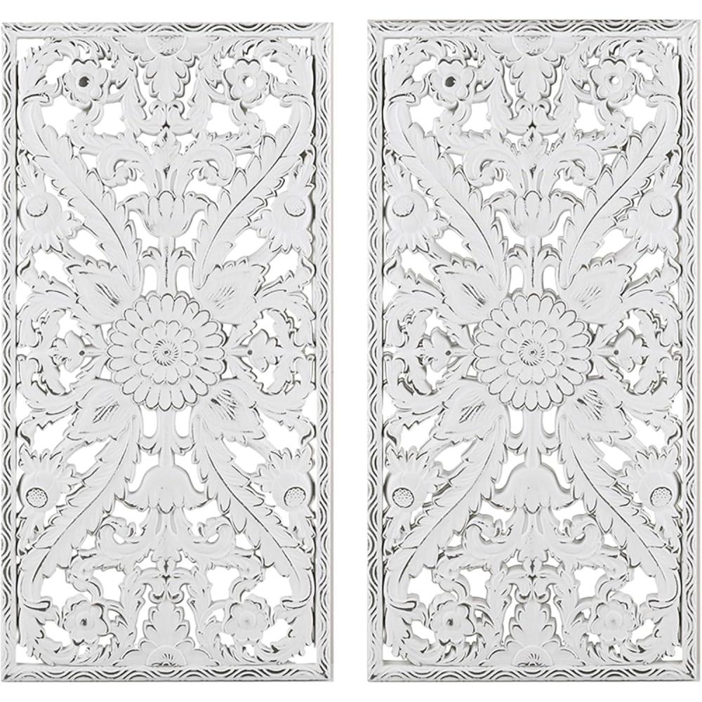 imageMadison Park Wall Art Living Room Dcor Vintage Botanical Carved Wooden Panel Home Accent Bathroom Decoration Ready to Hang Frames for Bedroom 1575quotW x 315quotL x 059quotD White 2 PieceWhite