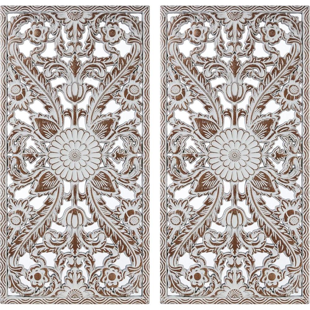 imageMadison Park Wall Dcor for Living Room Botanical Panel Home Accent Modern Kitchen Dining Decoration Ready to Hang 2Piece Distressed Carved Wood Panel Set for Bedroom 1575quotW x 3150quotH Antique GreenAntique Brown