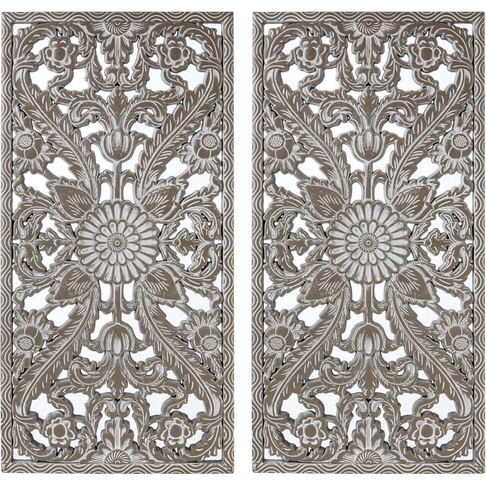 imageMadison Park Wall Dcor for Living Room Botanical Panel Home Accent Modern Kitchen Dining Decoration Ready to Hang 2Piece Distressed Carved Wood Panel Set for Bedroom 1575quotW x 3150quotH Antique GreenAntique Green