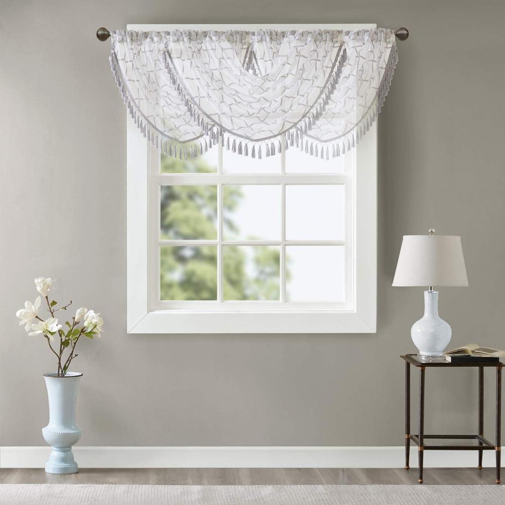 imageSheer Curtain Irina Embroidered Kitchen Transitional Fabric Sheers Single Curtain for Living Room Light Privacy Curtain Diffusing Sunlight 1Panel Pack 50quot x 95quot WhiteWhiteGrey