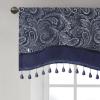 Madison Park Faux Silk Paisley Jacquard, Rod Pocket Curtain with Privacy Lining for Living Room, Kitchen, Bedroom and Dorm, 50 in x 18 in, Black Bead Trim(Navy Bead Trim Valance)