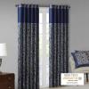 Madison Park Faux Silk Paisley Jacquard, Rod Pocket Curtain with Privacy Lining for Living Room, Kitchen, Bedroom and Dorm, 50 in x 18 in, Black Bead Trim(Navy Panel Pair)