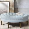 Madison Park Martin Oval Surfboard Tufted Cocktail Ottoman Soft Fabric, All Foam, Wood Frame Modern Coffee Table Living Room Lounge Furniture, Linen, 48″W x 27.5″D x 18″H(Dusty Blue)