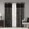 Madison Park Faux Silk Paisley Jacquard, Rod Pocket Curtain with Privacy Lining for Living Room, Kitchen, Bedroom and Dorm, 50 in x 18 in, Black Bead Trim(Black Panel Pair)