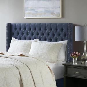 Madison Park Amelia Upholstered Headboard | Nail Head Trim Wingback Button Tufted | King, Cream(Navy)