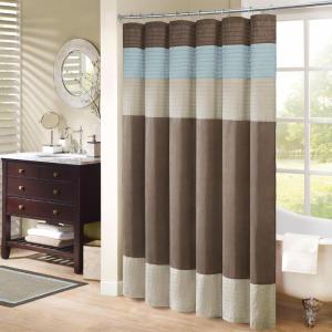 Madison Park Amherst Bathroom Shower Curtain Faux Silk Pieced Striped Modern Microfiber Bath Curtains, 72×72 Inches, Aqua(Blue/Brown)
