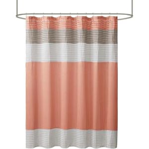 Madison Park Amherst Bathroom Shower Curtain Faux Silk Pieced Striped Modern Microfiber Bath Curtains, 72×72 Inches, Aqua(Coral)