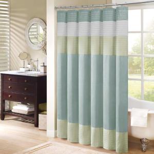 Madison Park Amherst Bathroom Shower Curtain Faux Silk Pieced Striped Modern Microfiber Bath Curtains, 72×72 Inches, Aqua(Green)