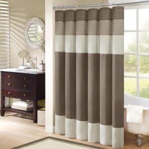 Madison Park Amherst Bathroom Shower Curtain Faux Silk Pieced Striped Modern Microfiber Bath Curtains, 72×72 Inches, Aqua(Natural)
