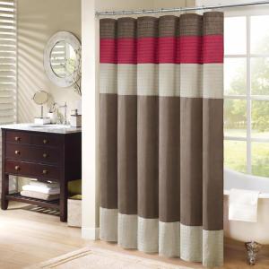 Madison Park Amherst Bathroom Shower Curtain Faux Silk Pieced Striped Modern Microfiber Bath Curtains, 72×72 Inches, Aqua(Red/Brown)