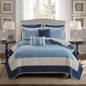 Madison Park Attingham Reversible Quilt Set – All Season Breathable Coverlet, Lightweight Cozy Bedding Layers, Matching Shams, Full/Queen(90″x90″), Navy 7 Piece(Navy)