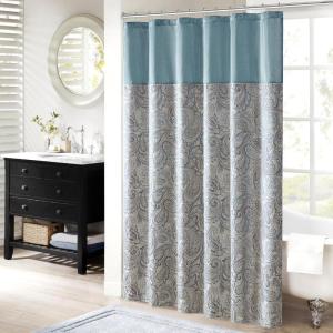Madison Park Aubrey Shower Curtain Paisley Jacquard Pieced Microfiber Faux Silk Modern Home Bathroom Decorations Bathtub Privacy Screen, Decorative Bathroom, 72″ x 72″, Navy(Teal)