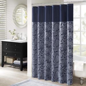 Madison Park Aubrey Shower Curtain Paisley Jacquard Pieced Microfiber Faux Silk Modern Home Bathroom Decorations Bathtub Privacy Screen, Decorative Bathroom, 72″ x 72″, Navy(Navy)