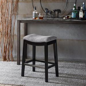 Madison Park Belfast Bar Stools, Contour Padded Seat, Nail Head Trim, Modern Kitchen Counter Chair, Solid Hardwood, Metal Kickplate Footrest, Dining Room Accent Furniture, Linen(Grey)