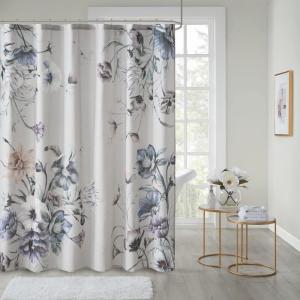 Madison Park Cassandra Cotton Percale Bathroom Shower, Printed Floral Design Modern Shabby Chic Privacy Bath Fabric Curtains, 72″x72″, Blush (MP70-6717)(Blue)